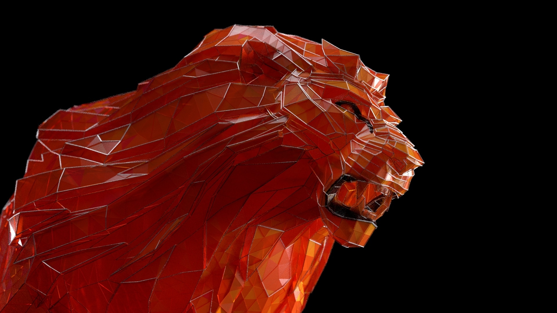 Roaring lion head built from red faceted glass-like shards with pale outlined edges against a black background