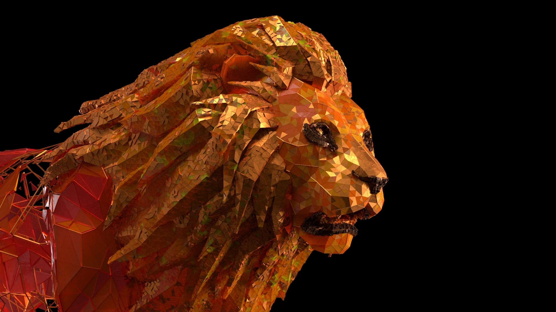 Lion head in profile covered in small metallic gold and copper tessellated shards, with a red crystalline body behind