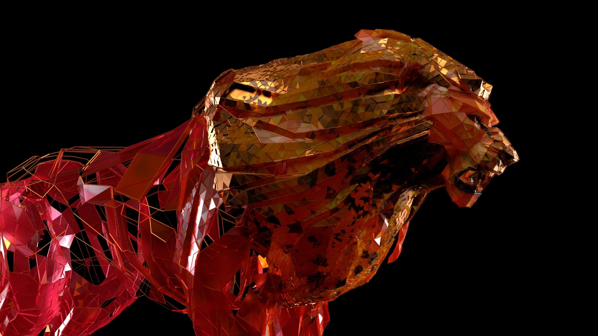 Low-poly lion mid-stride with a gold faceted mane over a translucent red crystal body and a thin gold wireframe