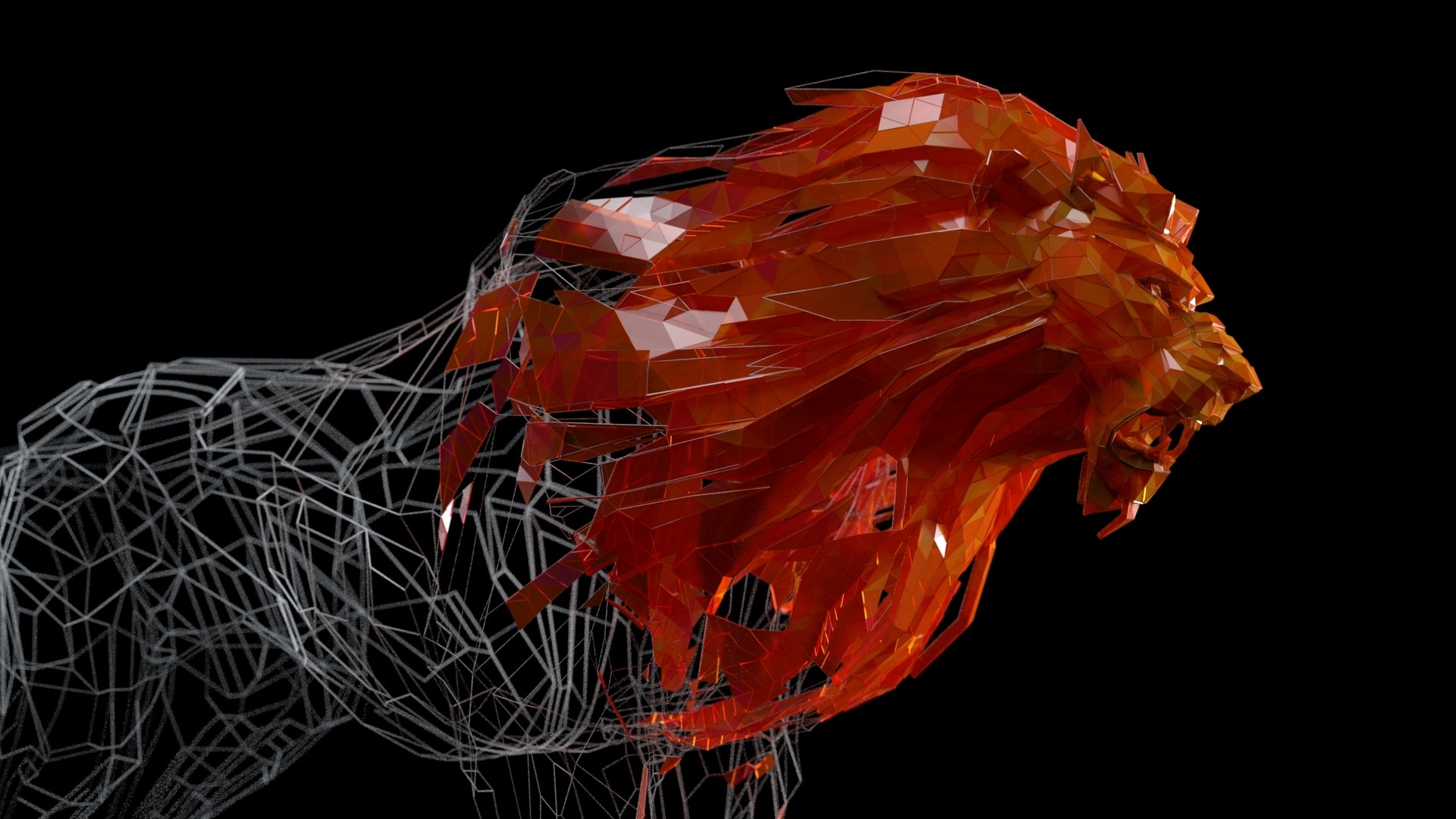 Tessellated lion shedding red glass shards from its mane, the rear of its body reduced to a white wireframe frame