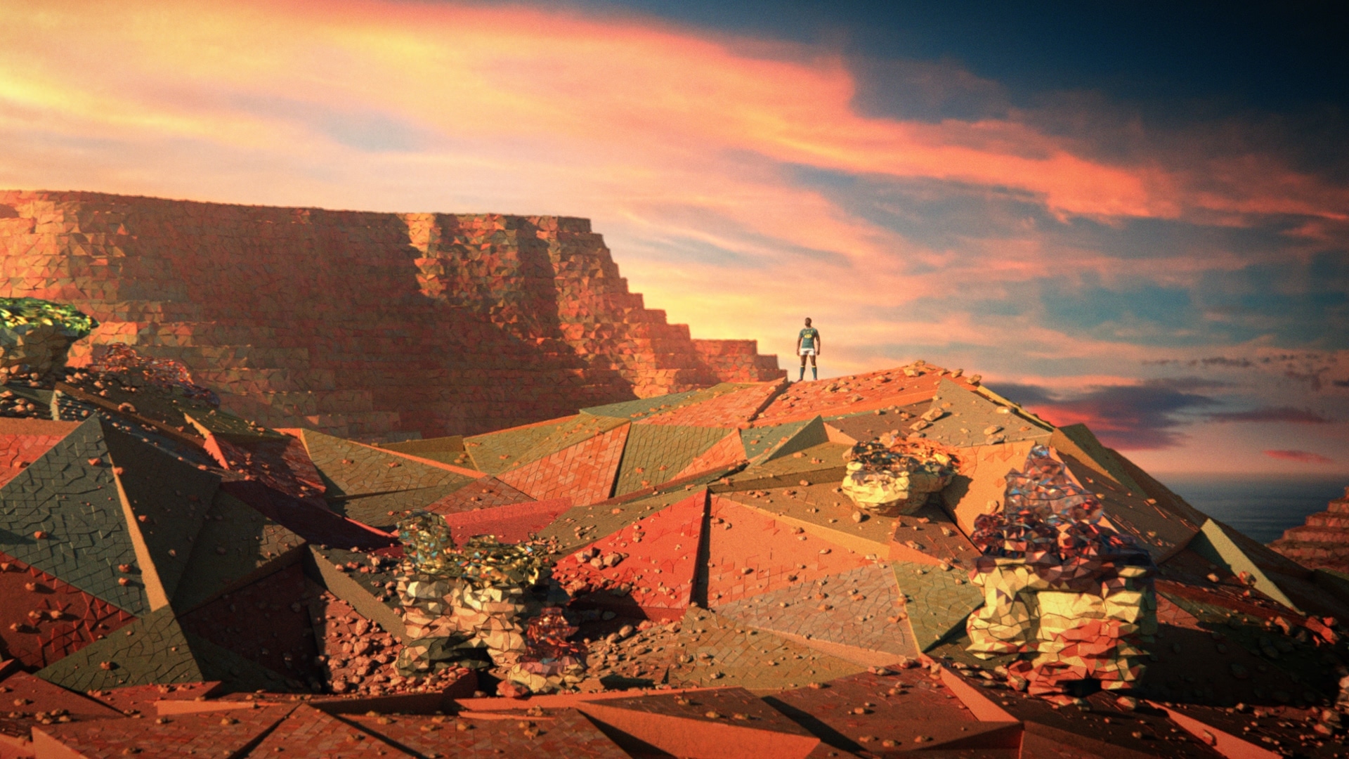South African environment at sunset: a figure stands atop a faceted red and green plateau beneath a terraced cliff