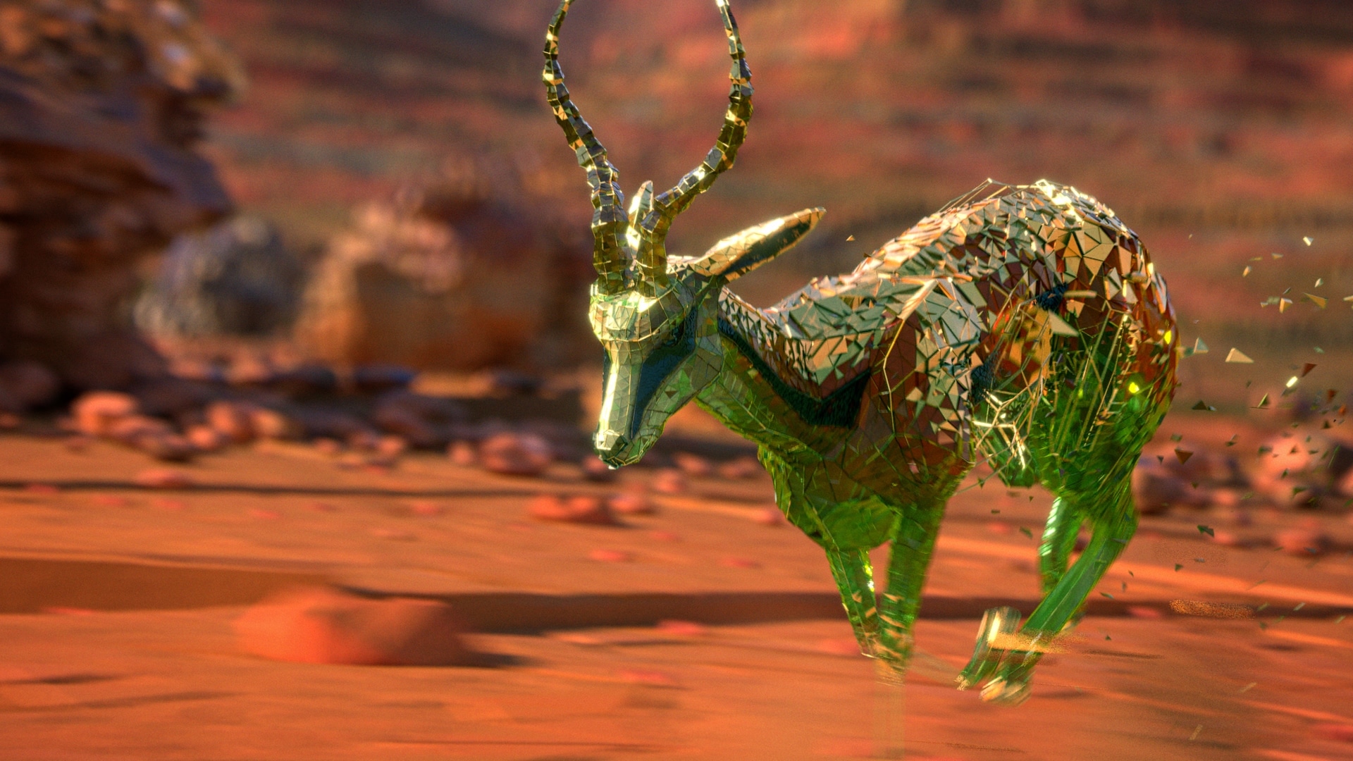 Springbok made of green glass and gold shards bounding across red earth, fragments trailing off its body as it runs