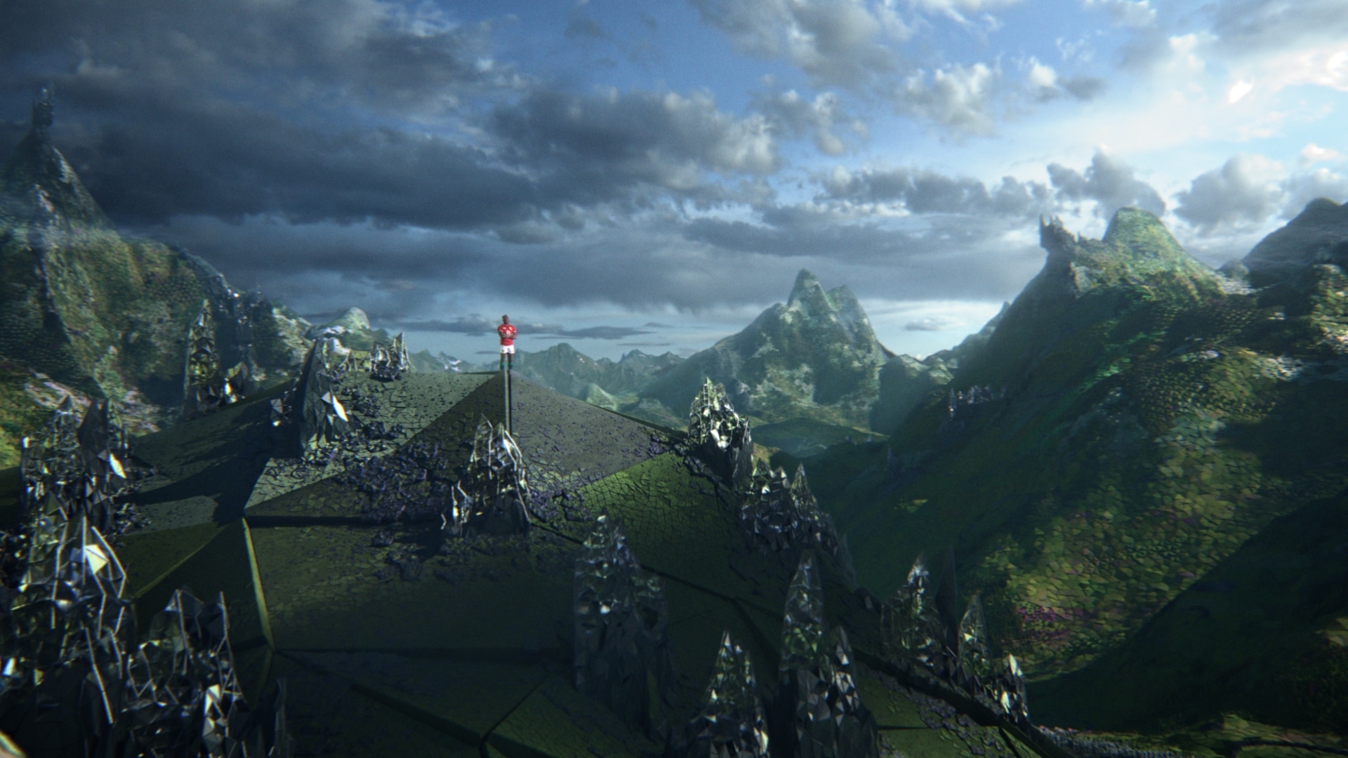 Faceted green UK mountain range under stormy skies, a lone figure in red on a peak surrounded by dark crystalline spires