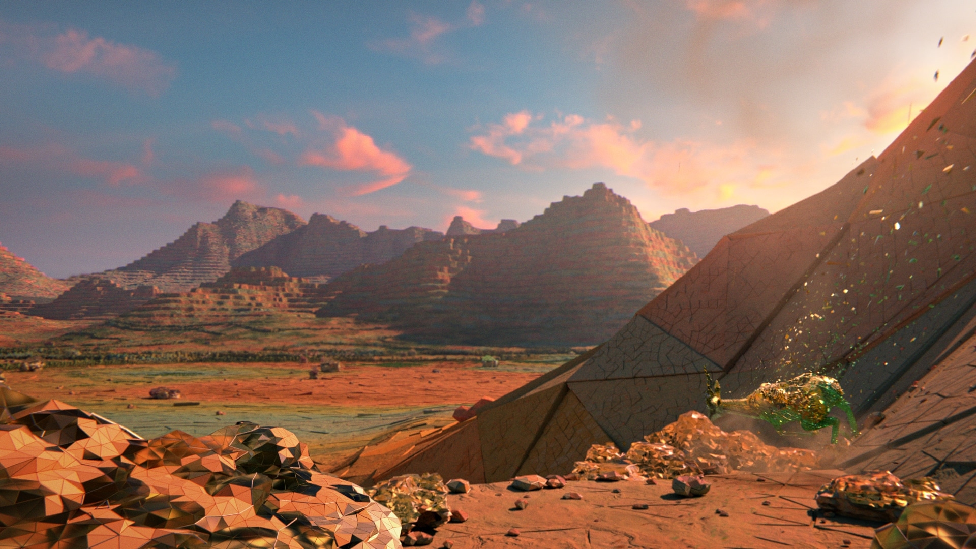 Wide sunset shot of terraced mesas as the green-gold Springbok bursts from a faceted rock face in a spray of debris