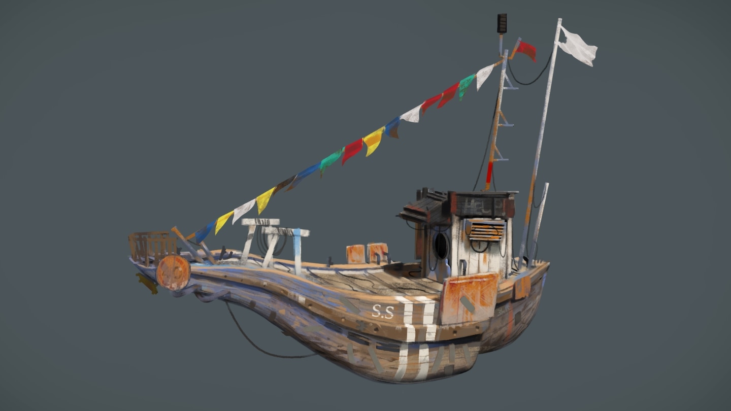 3D fishing boat model with a weathered, warped wooden hull, small wheelhouse and strings of colourful bunting flags
