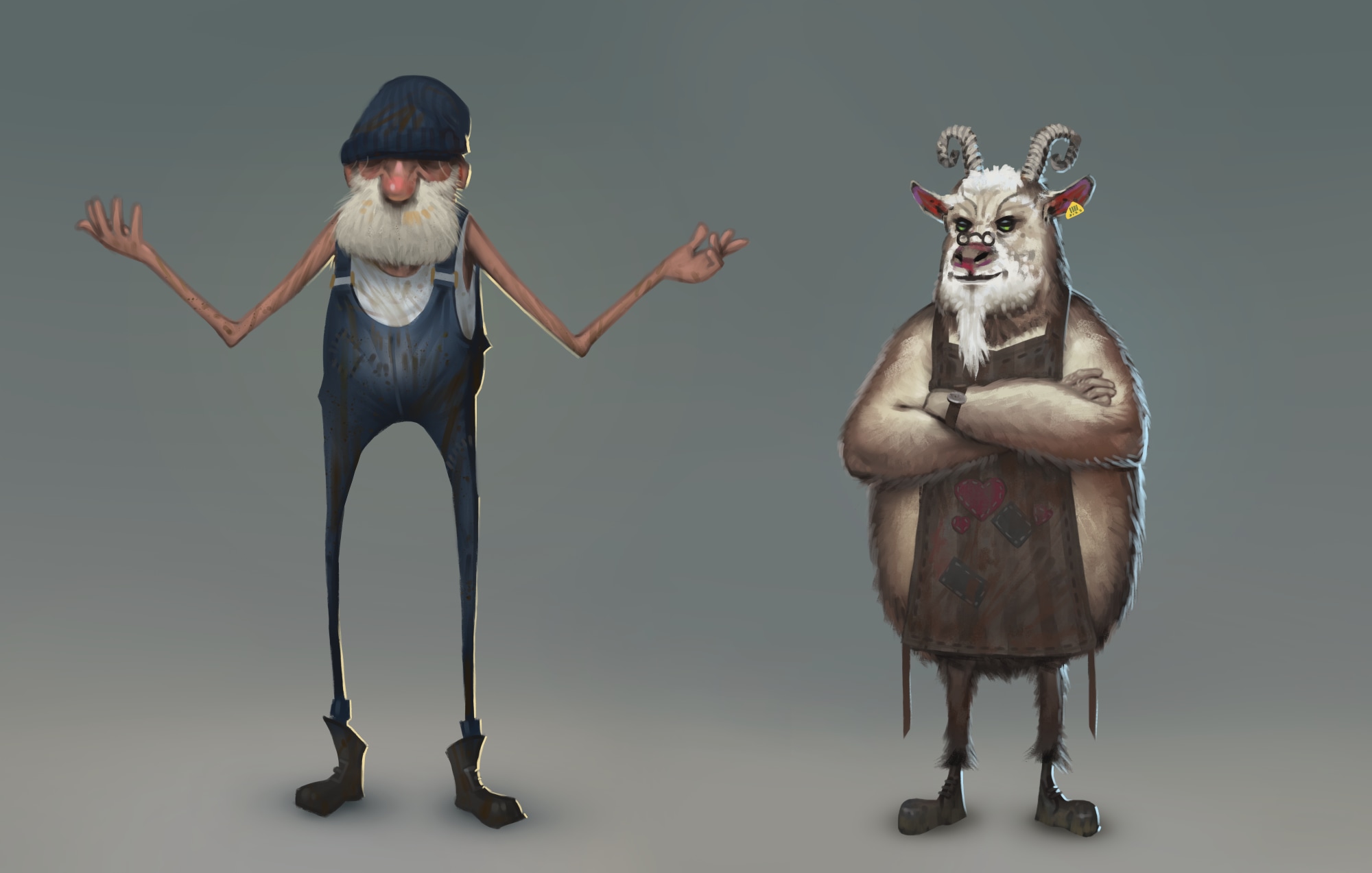 Reel of Fortune character concepts: a lanky bearded fisherman in overalls and beanie beside a burly, arms-crossed goat in an apron