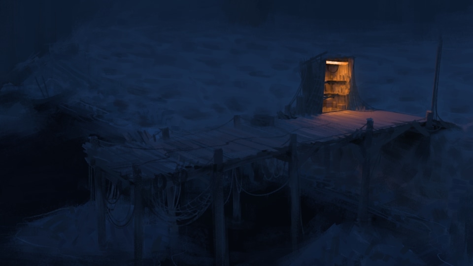 Night-time painting of a rickety wooden jetty strung with rope, leading to a small shack with a warm lit doorway