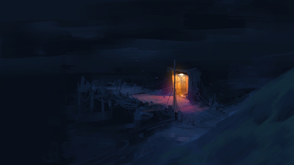 Dark, loose perspective sketch of the dock from above, the shack's glowing orange doorway the only light in the scene