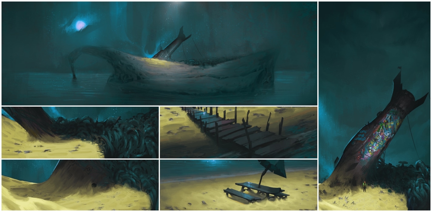 Moody teal paintings of a beached shipwreck on a sandy island, with a broken jetty, picnic bench and graffiti-covered hull