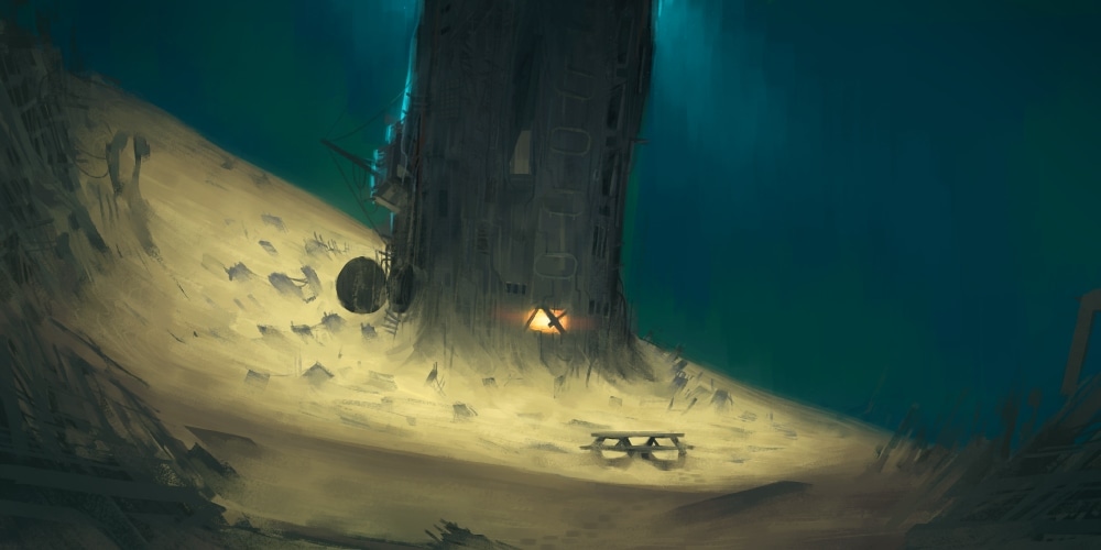 Paintover of a towering wrecked hull upended in a sand dune, a warm glowing doorway at its base and a lone picnic bench below