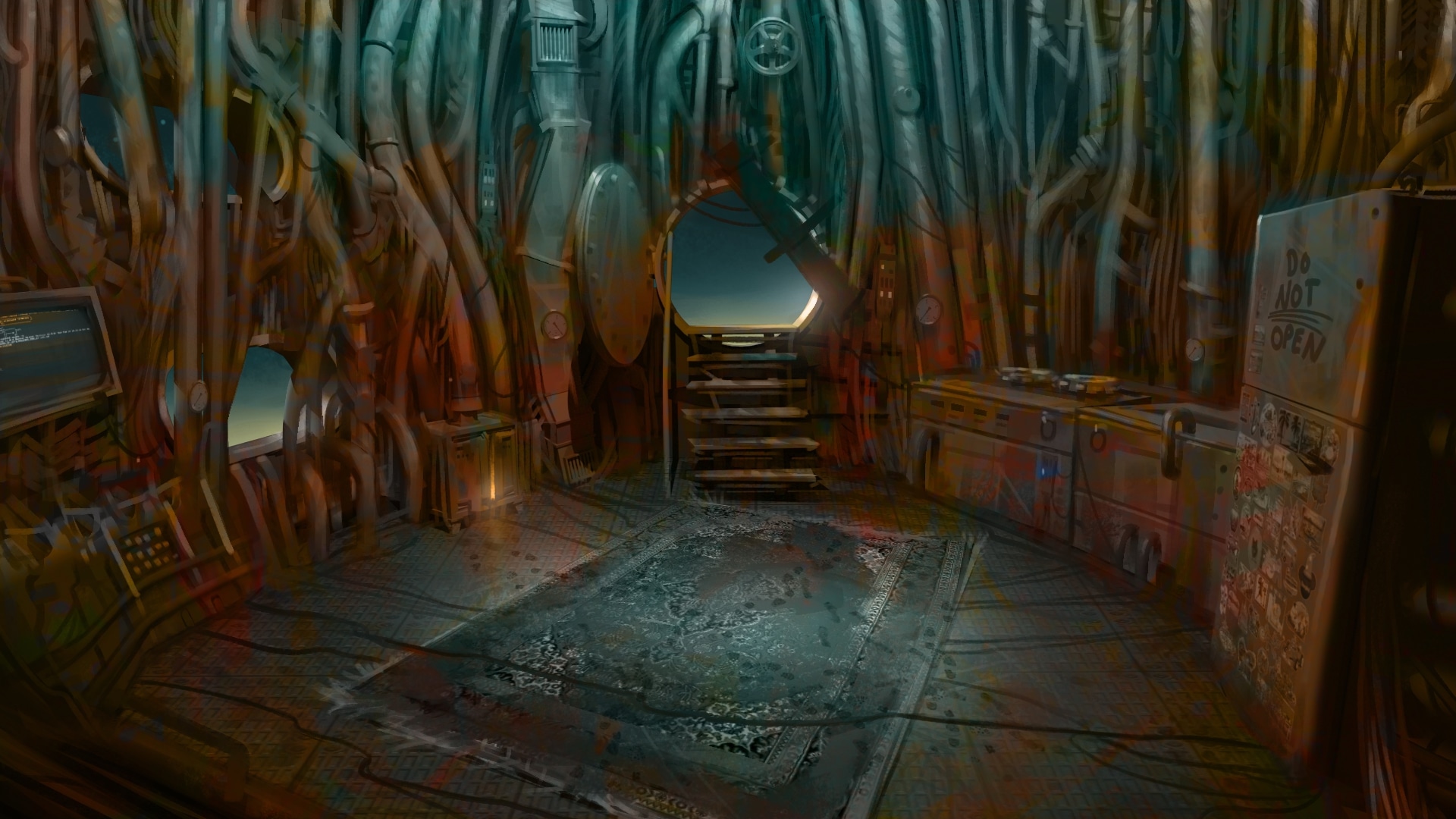 Cluttered kitchen wrapped in tangled pipes, with a patterned rug, stairs up to a round hatch and a fridge marked Do Not Open