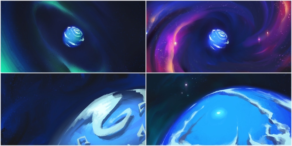 Four painted frames of a blue ocean planet, from a distant sphere amid green and magenta nebulae to close views of its surface